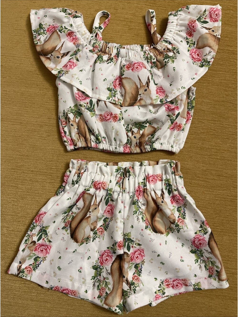Toddler Girls 2t White Squirrel Print Ruffled Crop Blouse & Shorts Set! A960